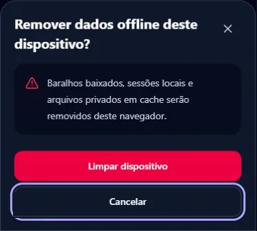 Aviso para remover dados offline deste dispositivo, explicando o que será apagado e oferecendo Limpar dispositivo ou Cancelar.