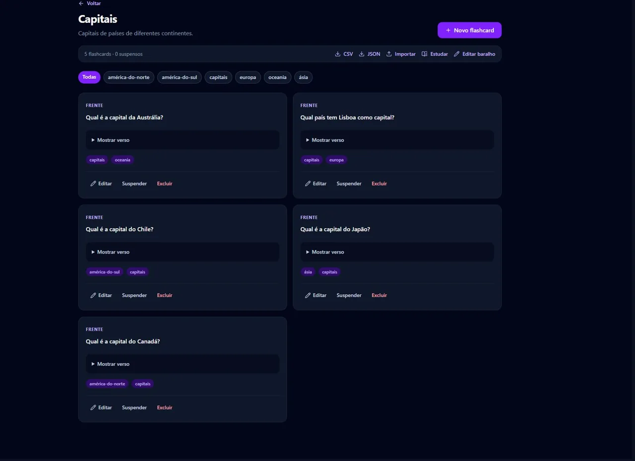 Baralho Capitais com cinco flashcards, filtro por tags e ações para criar, importar, exportar, baixar offline e estudar.