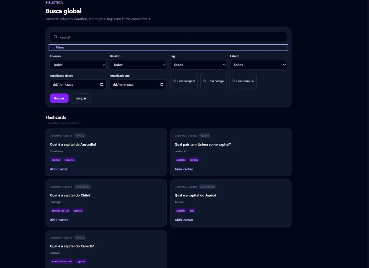 Busca pelo termo capital com os filtros de coleção, baralho, tag, estado, datas e tipo de conteúdo abertos acima dos resultados.