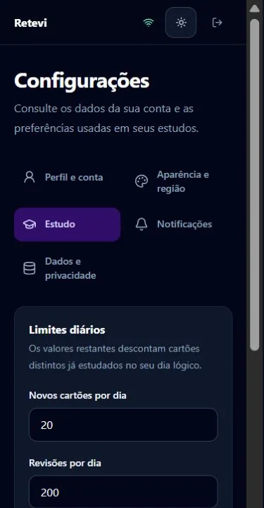 Configurações de estudo em uma tela móvel, com as seções de configuração e os campos de limites diários.